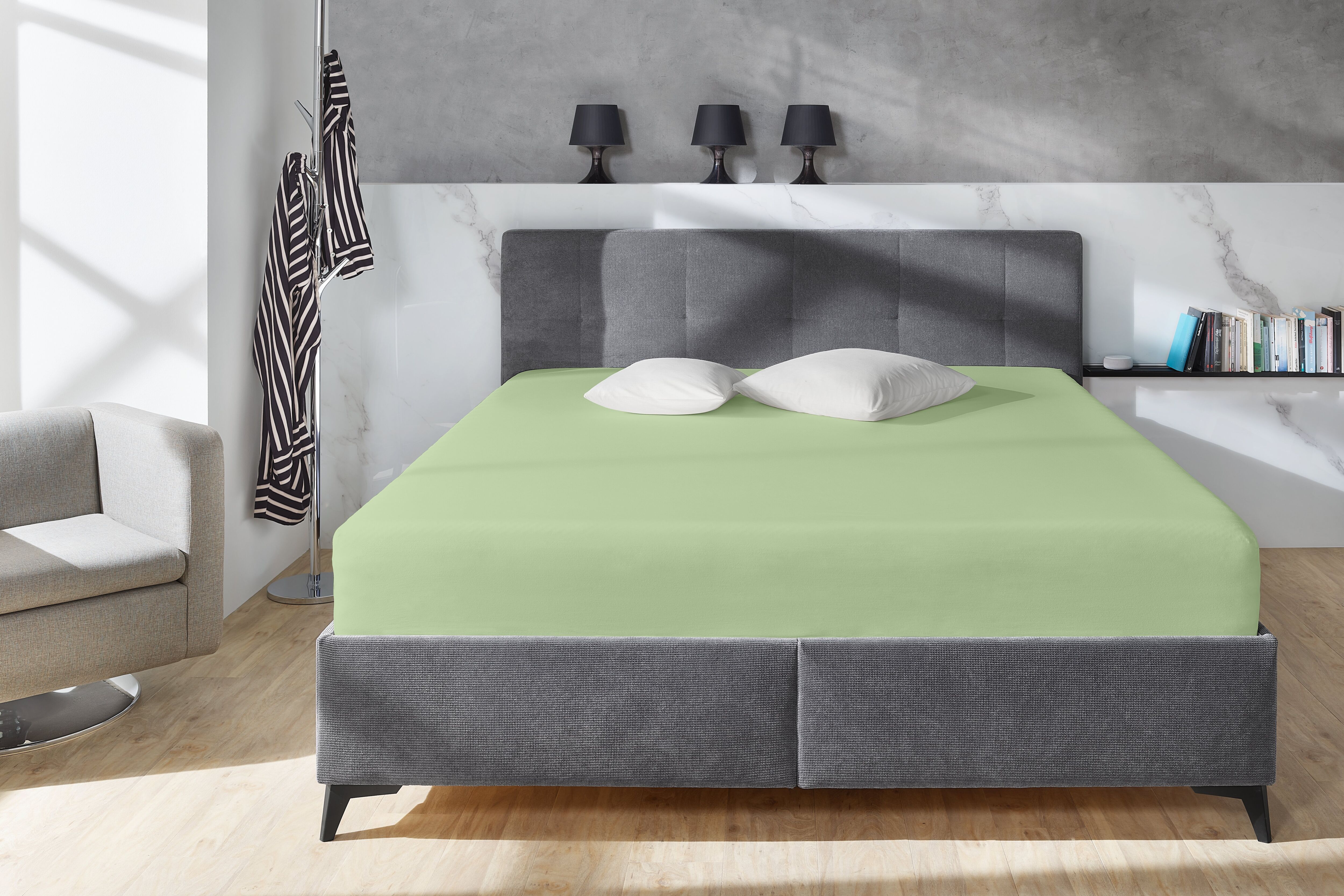 Spannbettlaken PRIMERA "Elasthan-Feinjersey", blau (aquamarin), 1 Stk., Jersey-Elasthan, 180-200x200-220 28cm, Jersey-Elasthan, Obermaterial: 95% Baumwolle, 5% Elasthan, Bettlaken, Spannbettlaken, PREMIUM, aus 95% gekämmter Baumwolle und 5% Elasthan, bis 