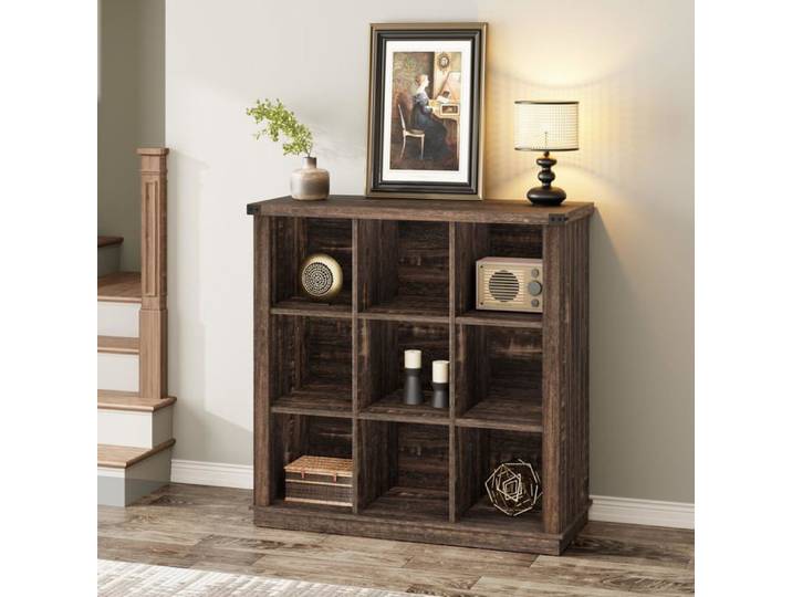 Bibliothèque 9 cubes Meuble de rangement pour bureau style campagne pour livres et accessoires Chêne Noir