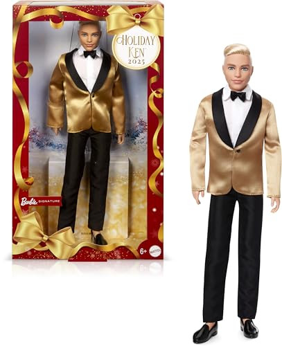 Barbie Signature JGK55 Holiday Blonder Ken modepop met gouden jas en poppenstandaard