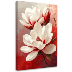 WANDBILD, Weiße Magnolien mit roten Akzenten auf hellem Hintergrund