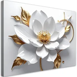 LEINWANDBILDER, Weiße Blumen goldene Blätter 3D