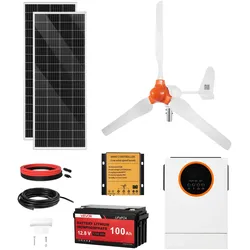 VEVOR 12V 600W Solar-Wind-Hybrid-Set, Inkl. 2 Stk. 100W Mono-Solarpanele 400W Windturbine mit Kontroller 1000W Hybrid-Solar-Wechselrichter & 12,8V 100Ah LiFePO4 Akku, Ideal für Heimgebrauch Auto RV
