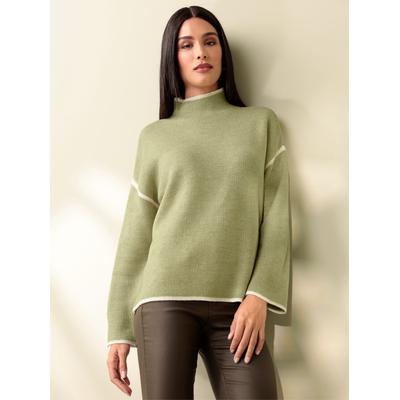 Stehkragenpullover HEINE "Pullover", Damen, Gr. 40/42, grün (schilf, ecru, meliert), 95% Polyacryl, 5% Wolle, meliert, unifarben, Pullover Stehkragenpullover