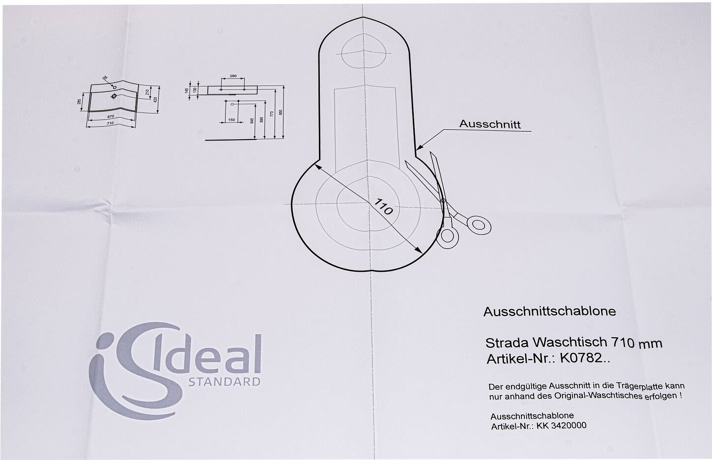 Ideal Standard template for Strada washbasin 71 cm