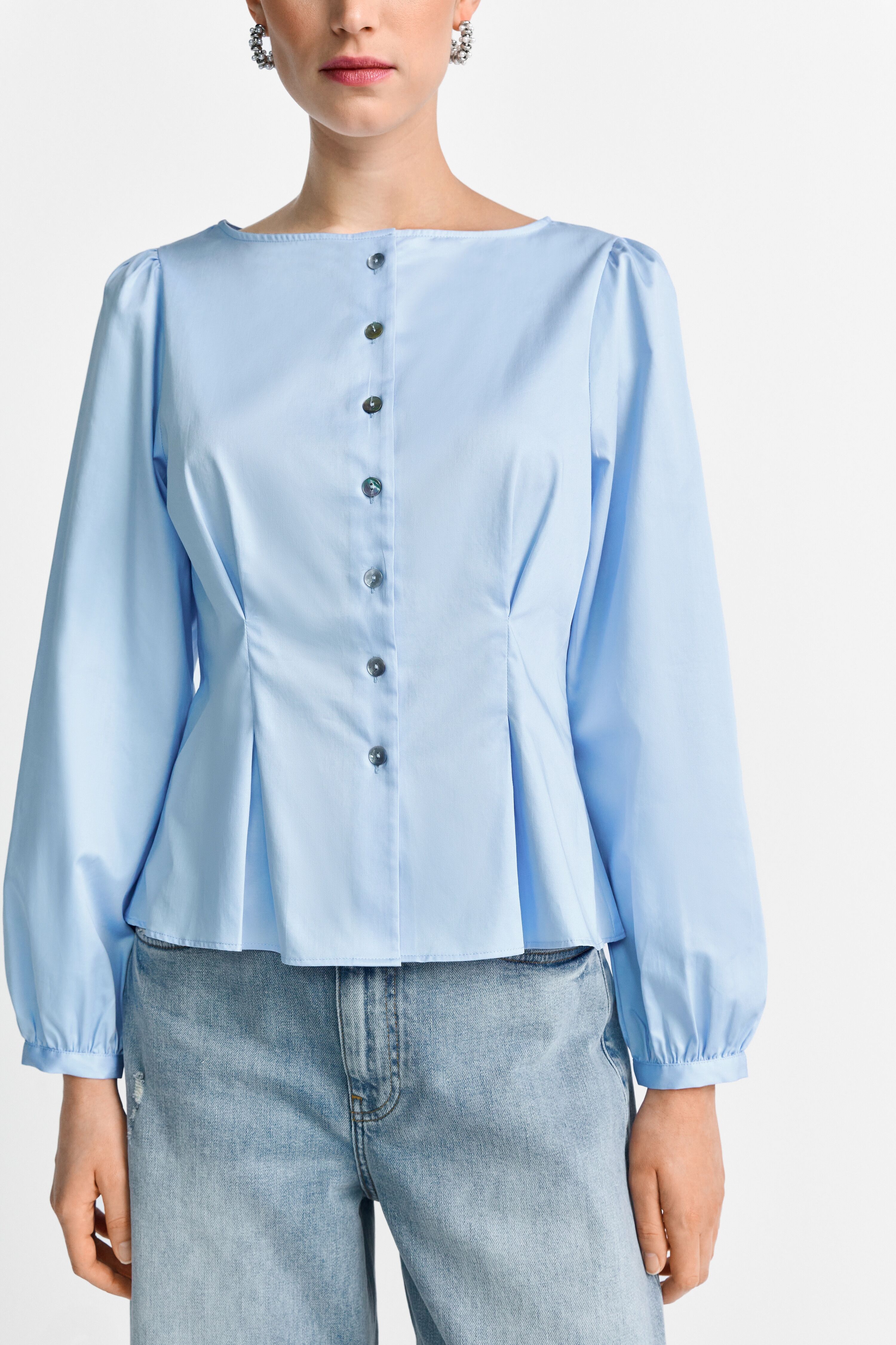 Langarmbluse RICHROYAL, Damen, Gr. 34, skyway blau, Web, Obermaterial: 100% Baumwolle, tailliert normal, Rundhals, Blusen Langarmbluse skyway blau 34