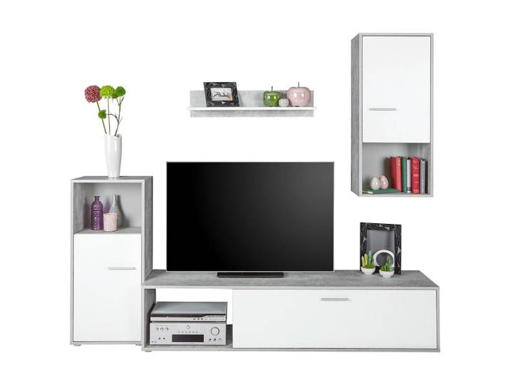 Wohnwand modern 4 -teilig. Aran Betonoptik/Perlweiß