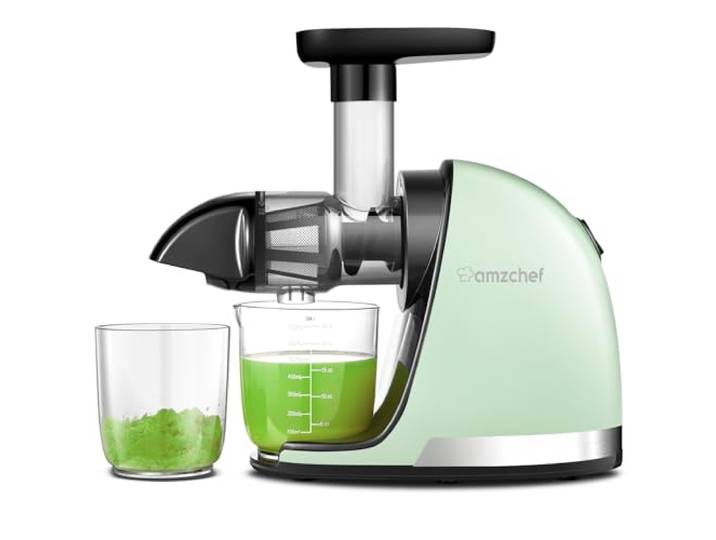AMZCHEF Entsafter Gemüse und Obst - Slow Juicer mit Rückwärts-Kau-Funktion - Zartes Zerkleinern ohne Filtern - Elektrisch mit Bürste und 2 Tassen - Grün