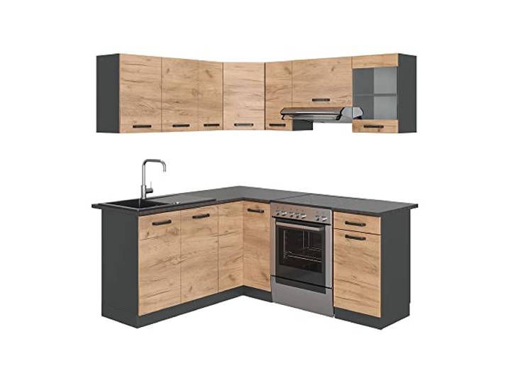 Vicco Eckküche R-Line, Goldkraft Eiche/Anthrazit 187 x 167 cm AP Anthrazit, mit modular erweiterbaren Elementen für flexible Küchenplanung