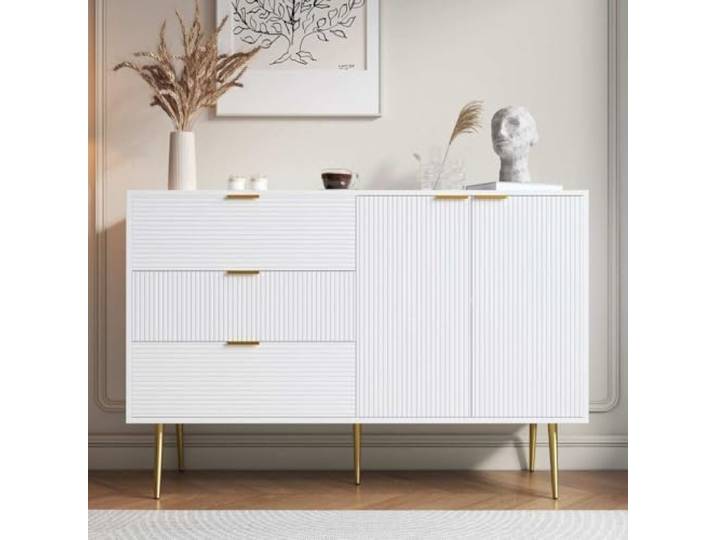 RAPRAP Weiss Sideboard für Wohnzimmer, Esszimmer, Flur, Kommoden & Sideboards mit 3 Schubladen, 2 Türen, Goldbeinen & Wellenmuster, 120L x 38B x 80,5 H(cm),Weiß,H