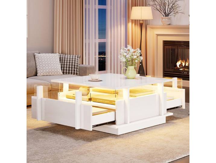 Table basse - 70x70x35 cm - Blanc brillant - 2 tiroirs - Éclairage LED