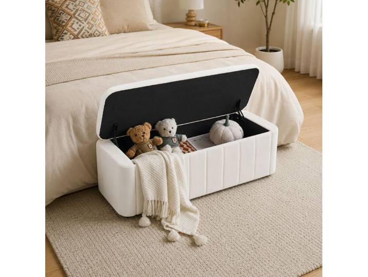 WOVREO Banc coffre en velours beige assise relevable avec espace de rangement banc de rangement moderne