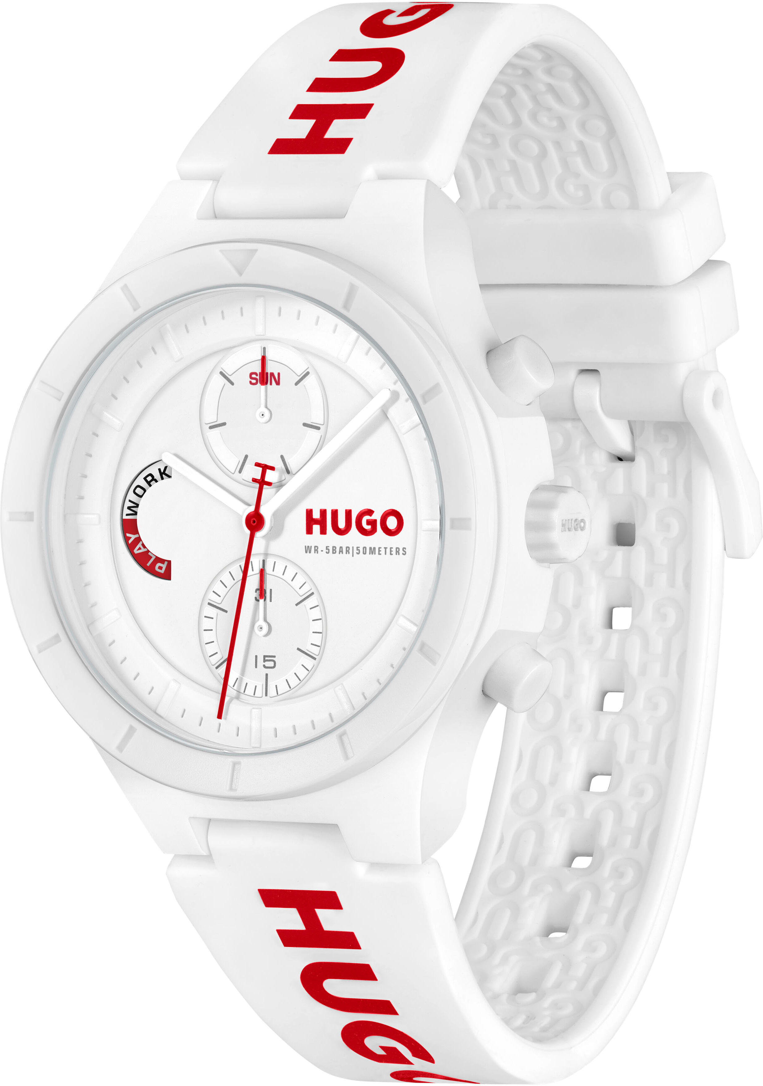 Multifunktionsuhr HUGO "LIT MULTI", weiß (weiß, weiß), Armbanduhren, Herren, weiß, Multifunktionsuhr, Quarzuhr, Armbanduhr, Herrenuhr, Silikonarmband, analog