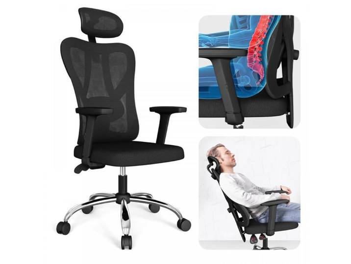 KEDIA Chaise Bureau Ergonomique Noir 66x49.2x120 Avec Accoudoir Réglable Appui-Tête Ajustable Maille Respirante Soutien Lombaire