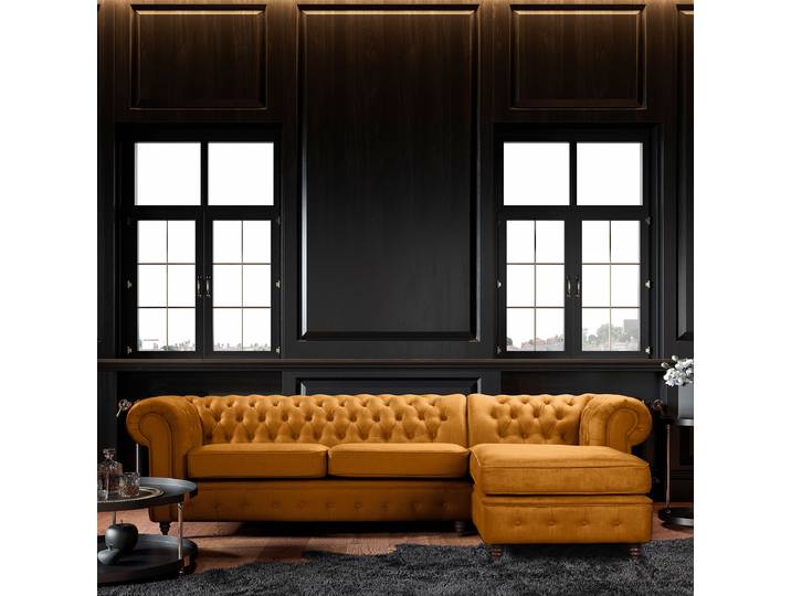 Ecksofa mit Ottomane Orange Microfaser Valeria 284 x 74 x 182cm Ottomane davorstehend links Schlaffunktion für dauerhafte Nutzung Glamour
