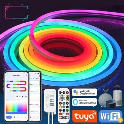 Useful Little Things TUYA RGBIC Neon LED Strip Lights With Music Sync Smart App Controlled Room Lighting multicolor 6.6 Ft
