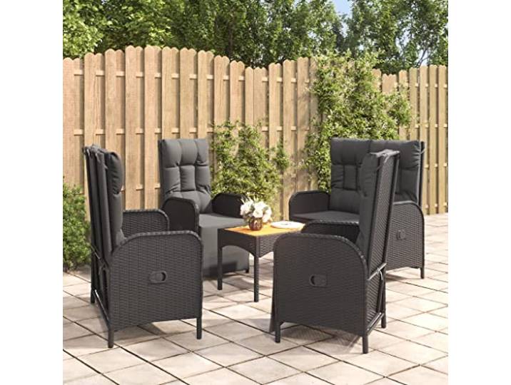 ZQQLVOO 5-TLG Garten-Essgruppe Schwarz Poly Rattan Mit Kissen Liegefunktion Gartenstuehle, Akazienholz Tischplatte, Pulverbeschichteter Stahlrahmen, 110 kg Belastbarkeit