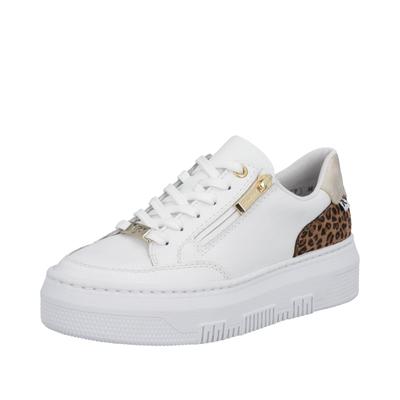 Plateausneaker RIEKER, Damen, Gr. 41, Textil, weiß (weiß, leo), Glattleder, Schuhe Plateausneaker, Schnürschuh, Freizeitsneaker, Halbschuh mit Leo-Einsatz an der Ferse