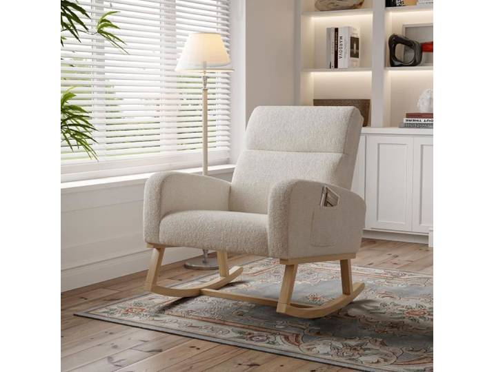 Fauteuil à Bascule - Rocking Chair - Beige - Accoudoirs - Dossier Haut - Style Scandinave