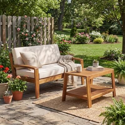 PRO_SELLERS 2-Piece Outdoor Patio Furniture Set Acacia Wood Loveseat and Table Be