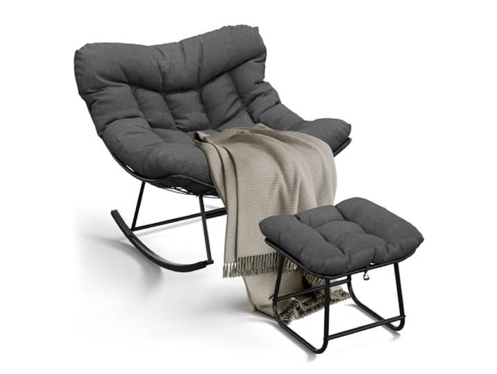 GarveeHome Oversized Schaukelstuhl mit Fußhocker und Dickem Kissen Fußhocker, Stahlrahmen, Komfortkissen, Garten, Terrasse, Outdoor