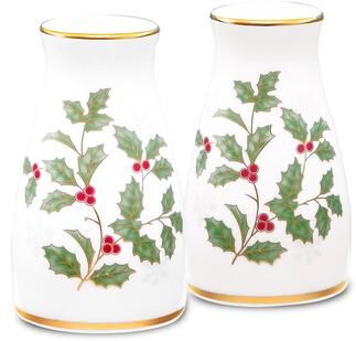 "Noritake Holly & Berry Gold Salt & Pepper Shakers, 3-1/4"""