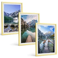 BILDER SET 3er Set - 40x60 cm Goldrahmen - Berge, Seen, Holzstege