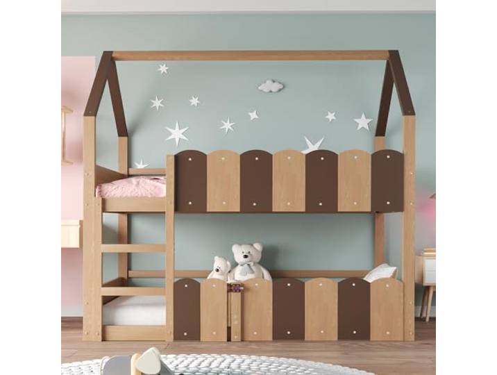 Bellemave Kinder-Etagenbett 90x200, hausförmiges Design, Holz Holzfarbe mit Leiter, erhöhten Sicherheitsgeländern, Lattenrost inklusive, 2 Pakete Lieferung