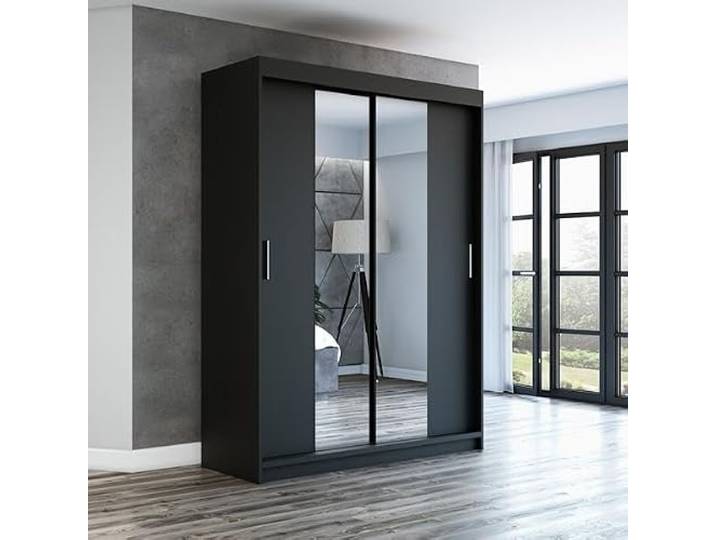 A&J MöbelLand Schwebetürenschrank NEO Kleiderschrank 2-türig mit Spiegel, Garderobe 160 cm (Schwarz)