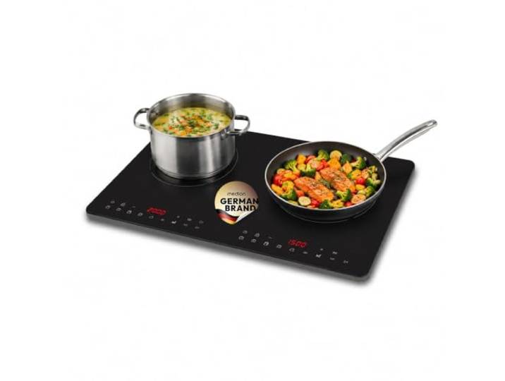 MEDION IC20D Induktionskochplatte 2 Platten Induktionskochfeld 3500 Watt extra flach, 2 Kochplatten , 8 Automatikprogrammen und DIY, LED Display, Touchbedienung, nahtlose Kristallglas-Oberfläche