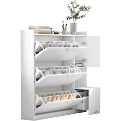 OKWISH Schuhschrank mit herunterklappbarer Sitzbank 119x24x122 cm Weiß, stilvolles Design und maximale Staukapazität