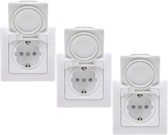 Set van 3 witte inbouwstopcontacten met klapdeksel voor badkamer en keuken, IP44