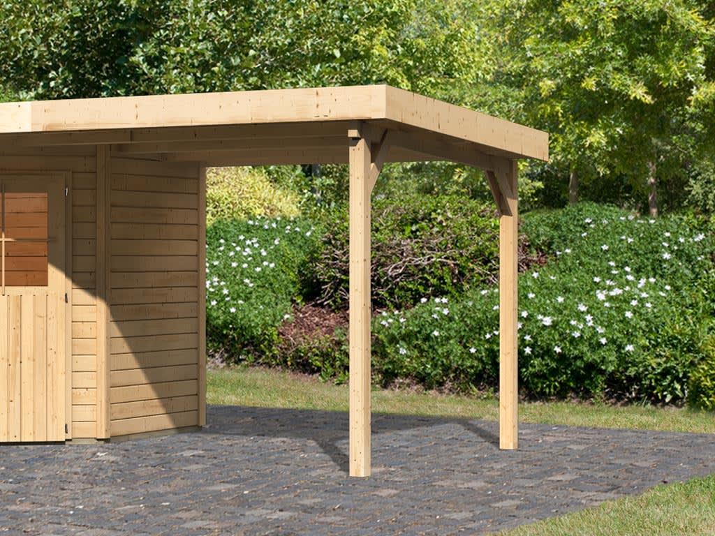 KARIBU Naturbelassen Anbaudach für Gartenhaus Neuruppin, Schleppdach aus Fichtenholz, Praktischer Stauraum für Gartenmöbel, Einfache Montage, Stabile Massivholzpfosten, Seitliche Anbaumöglichkeit
