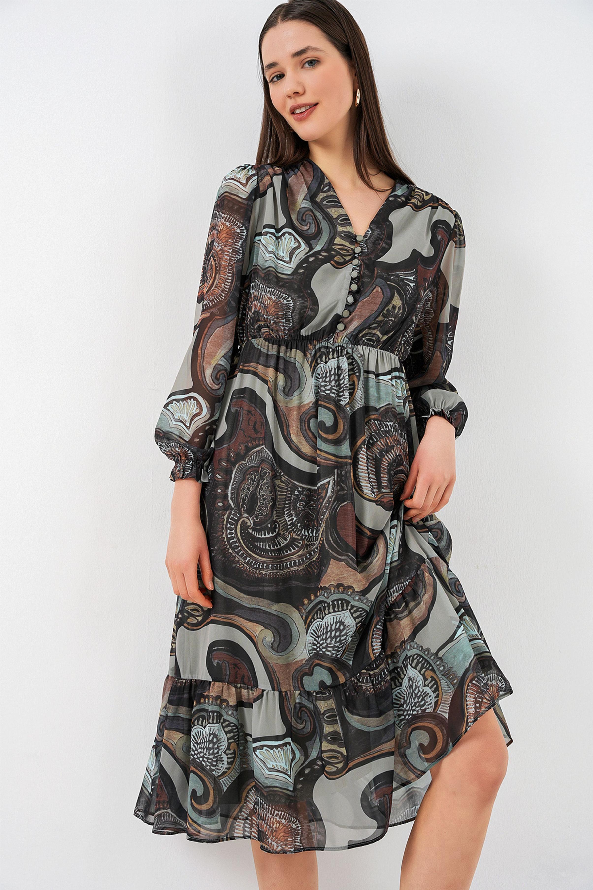 V-hals Midi-jurk met knoopsluiting