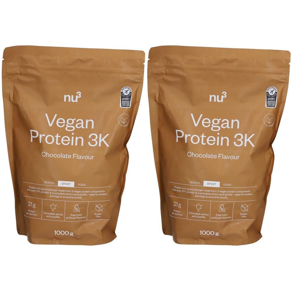 nu3 Vegan Protein 3K, Schokolade, Pulver Doppelpack 2x1000 g