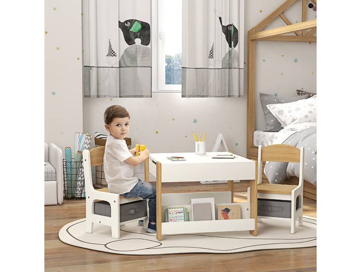Ensemble table et 2 chaises pour enfants Homcom 2-en-1 avec tableau noir blanc et naturel