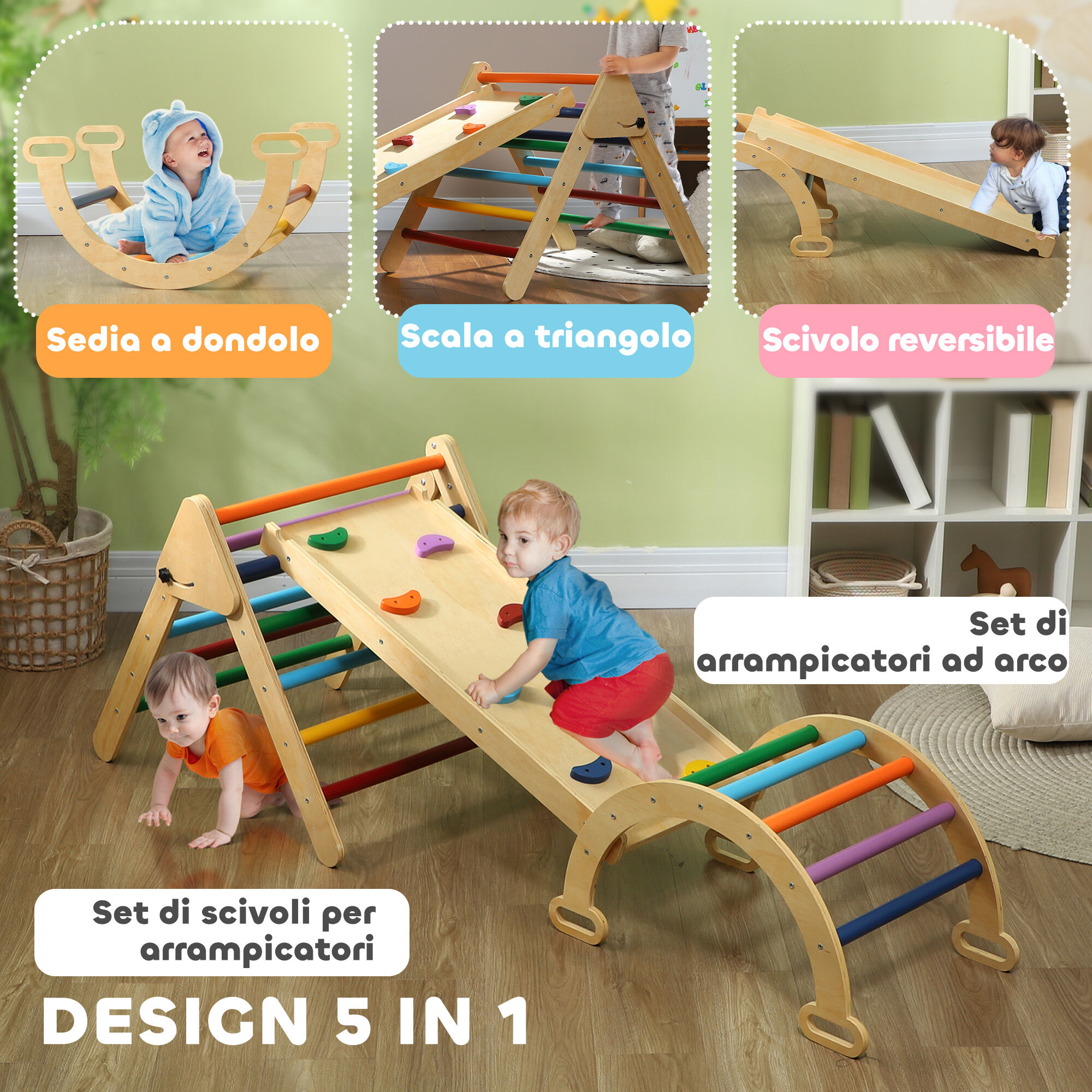 Altro Gioco Arrampicata Bambini Con Triangolo E Arco Montessori E Rampa Con Pietre In Legno Di Pino, 178x64.5x63 cm