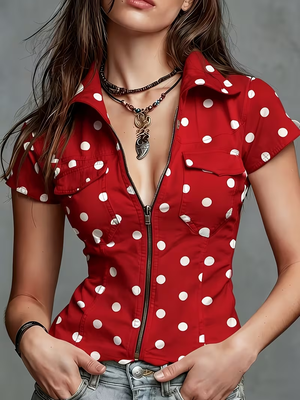 Lush Living Finds Floral Zip Front Denim Blouse For Women Short Sleeve Denim Shirt Summer Casual Tops red m