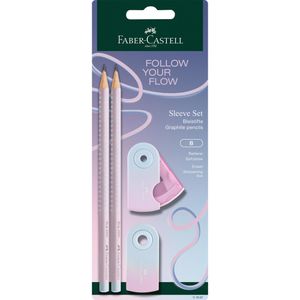 Faber-Castell Schreibset Grip Sleeve Set Blushing Sky 4-teilig, Bleistift Härte B, Radiergummi und Spitzer