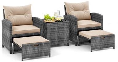 Costway 5 Piece Patio Rattan Furniture with 2 Ottomans and Tempered Glass Coffee Table-Beige