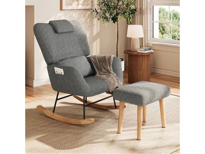 Fauteuil à Bascule avec Repose pieds - Rocking Chair avec Coussin Lombaire - Pochette latérale - Gris