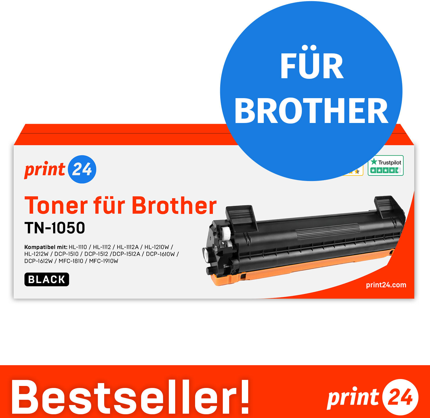 print24 Toner für Brother TN1050, Schwarz, 1 Stück