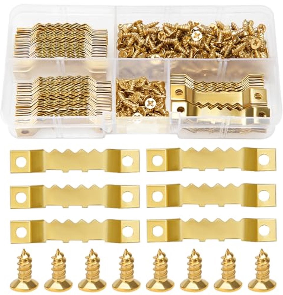 Zaagtand fotolijst hangers met schroeven - 85 stuks - Gouden kleur
