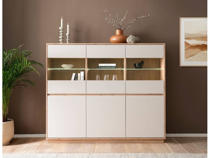 Highboard HOME AFFAIRE Sonora, moderner Schrank, Stauraumelement in Eiche Artisan, Kommode , weiß (kaschmir, eiche artisan), B:164cm H:138cm T:40cm, Sideboards, Highboard, filigrane Rahmenoptik, ausreichend Stauraum, vielseitig einsetzbar