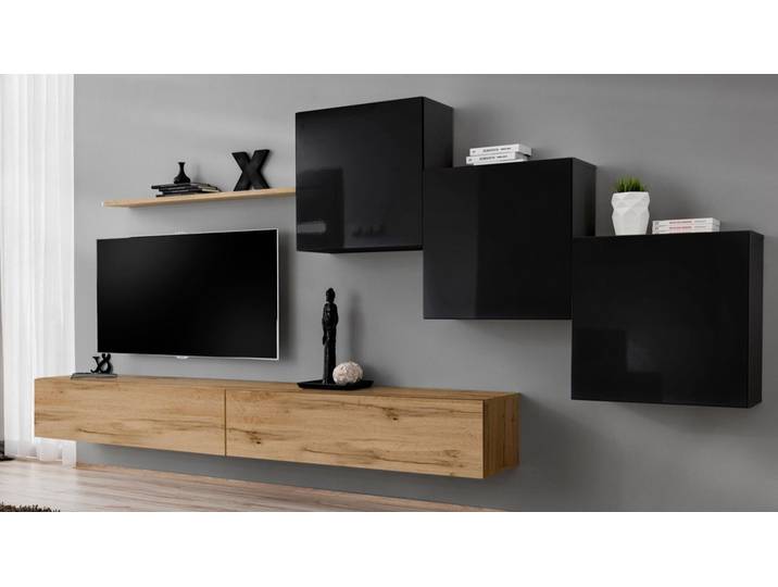 Xlmoebel Wohnwand Braunes TV-Halterungssystem aus hochwertigem Holz für das Wohnzimmer, (7-St., Wohnwand + 2x TV Ständer + 3x Wandschrank + Wandregal), Hergestellt in Europa