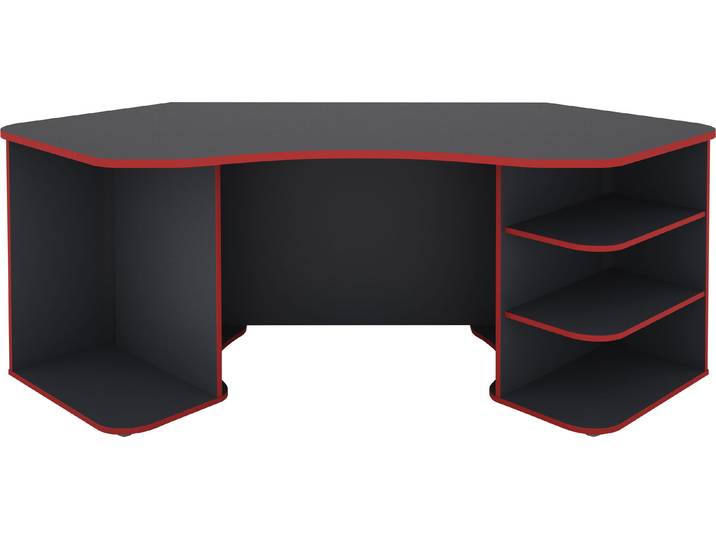 Gamingtisch BYLIVING Thanatos , rot (anthrazit, rot, anthrazit, rot, anthrazit, rot), B:198cm H:76cm T:85cm, Tische, Gamingtisch, Breite 198 cm, moderner Eckschreibtisch
