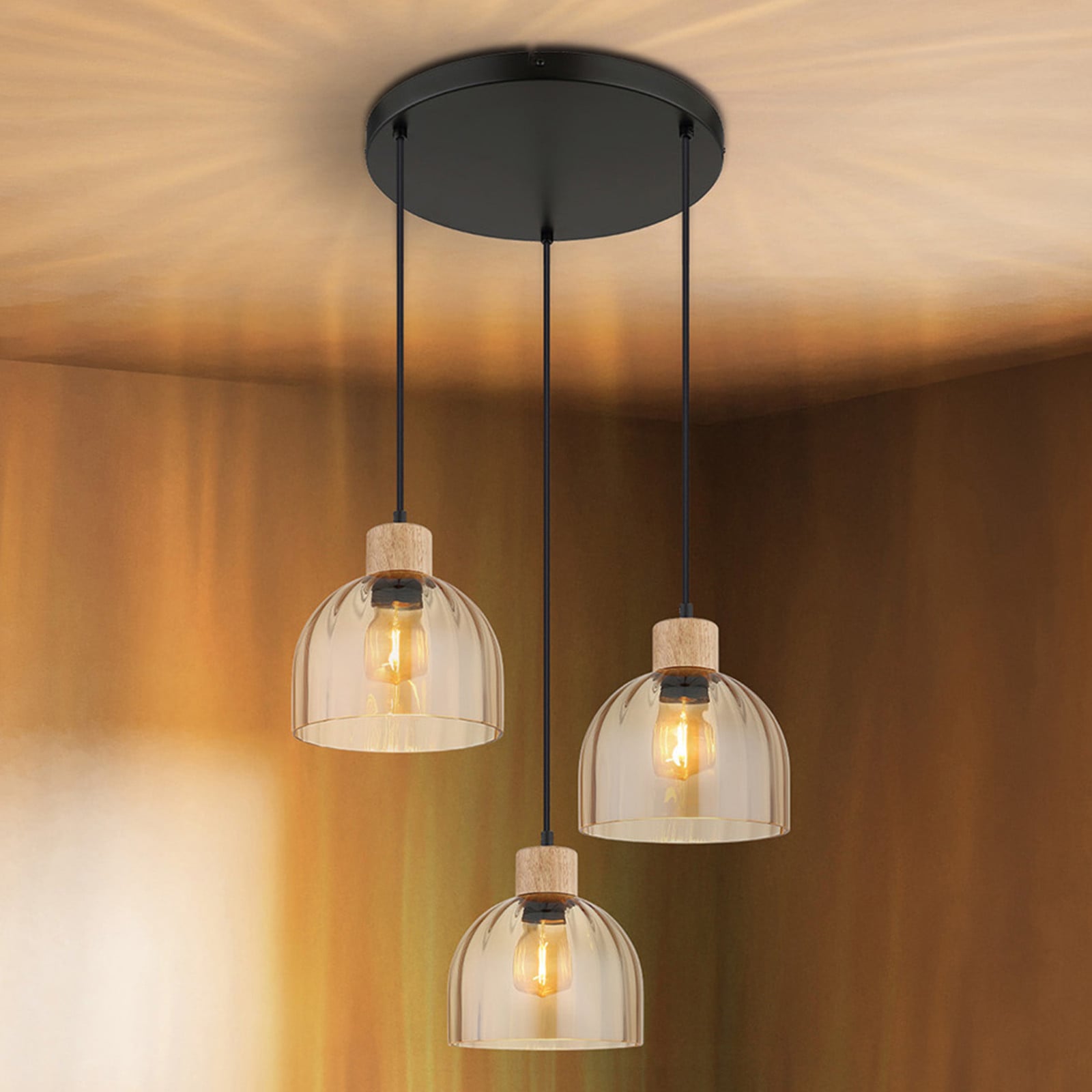 Globo Lighting Swanson 3-lichts hanglamp rond bruin/zwart Ø 40 cm