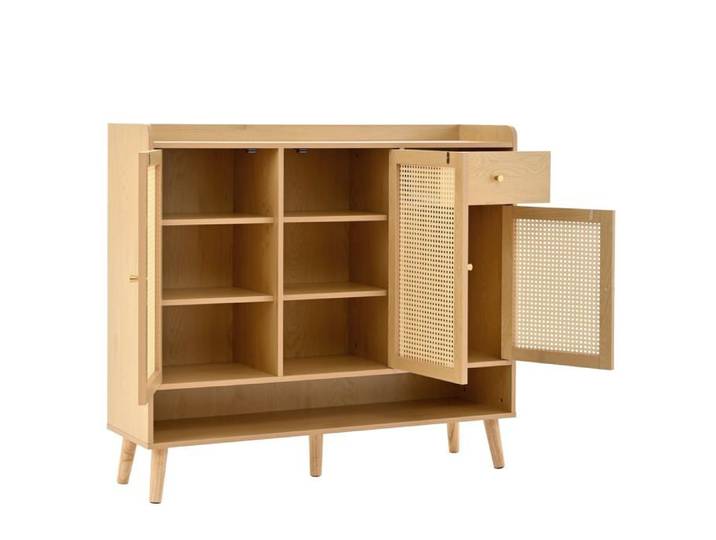 Meuble à chaussures Logidon rotin naturel 120x35x106 avec 3 portes 1 tiroir