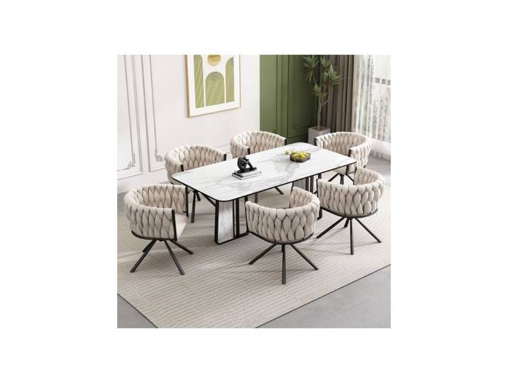 6-Piece Velvet Dining Chair Set Single-Light Luxury Swivel Chair Casual Swivel Chair with Four Metal Support Legs Beige