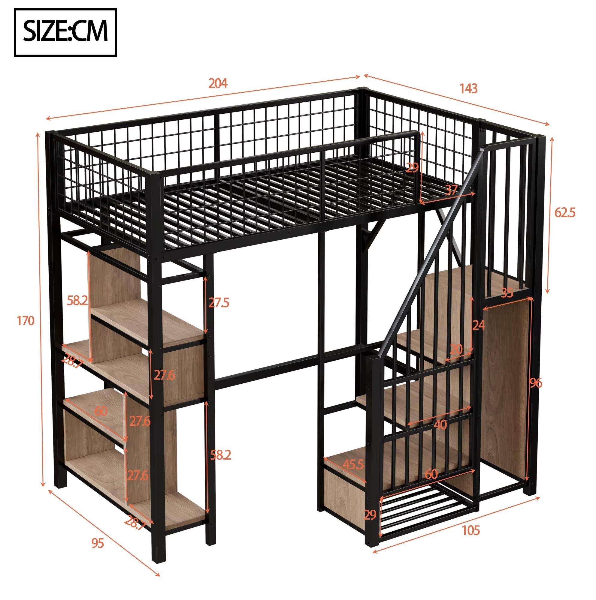 Metall-Hochbett - Etagenbett - Stauraum - Leiter - Moderner Stil - 90 x 200 cm - Schwarz