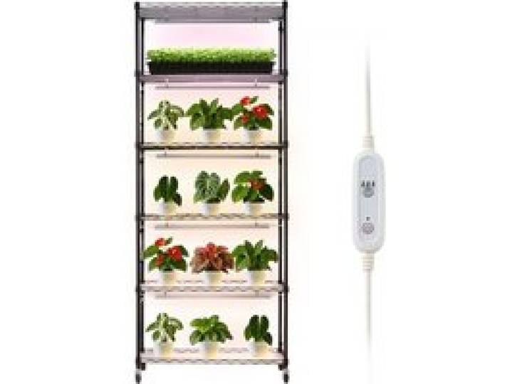 VEVOR Pflanzenregal mit Wachstumslicht, 6-stufiger Pflanzenständer mit Rädern und 4/9/14-Stunden-Timer, 150 W 3-Farben-Vollspektrum-Lichter, Blumenregal für die Samenanzucht, 75x35x180 cm